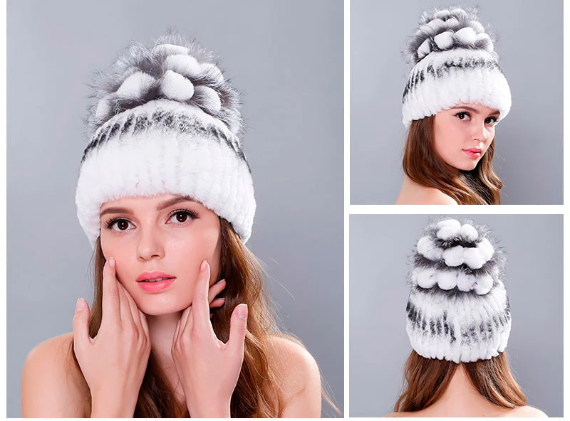 Высокое качество женская шапка Зима натуральный мех норки вязаная шапка для женщин сплошной цвет леди Цветочный кепки женский