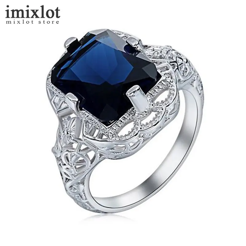 Imixlot Blue Square Gems Wedding Rings for Women Silver Color Cubic