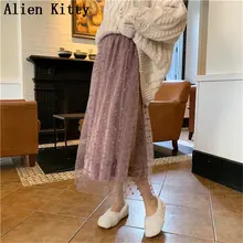 Кружевное Плиссированное однотонное винтажное платье с принтом «чужой Китти»,, простая свежая трапециевидная юбка с завышенной талией, весенне-осенние женские Облегающие юбки