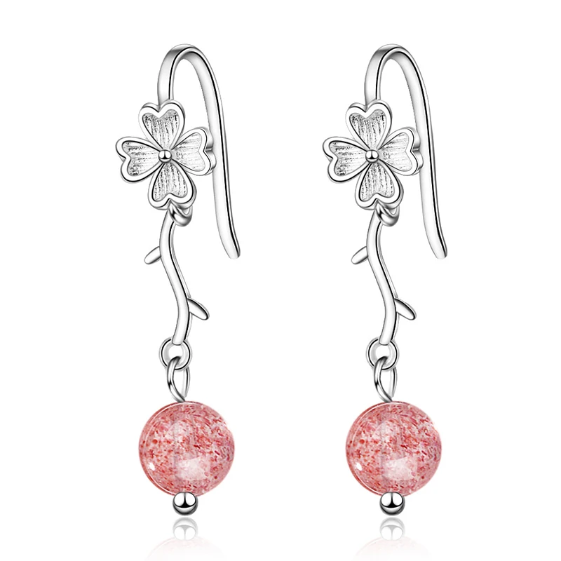 

XIYANIKE 925 Sterling Silver Simple Cute Spring Pink Natural Strawberry Crystal Long Dangle Earrings For Women Ear Accessories
