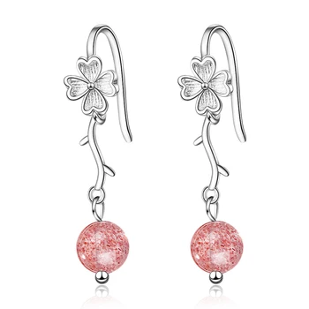

XIYANIKE 925 Sterling Silver Simple Cute Spring Pink Natural Strawberry Crystal Long Dangle Earrings For Women Ear Accessories