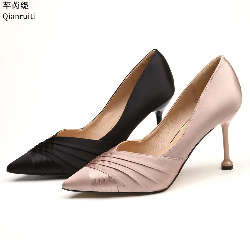 

Qianruiti Champagne Silk Stiletto Heels Women Pumps Sexy Pointed Toe High Heels Shoes Slip-On Shallow Women Wedding Party Shoes