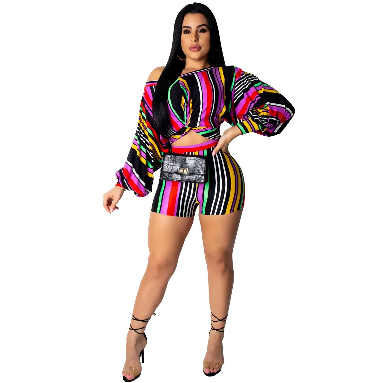 

Stripes Loose Long Sleeve Tee Top Shorts Suit Two Piece Set Short Beach Sexy Playsuit Holiday Boho Women Tracksuit