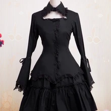 Готическое платье лолиты черное с длинными рукавами с оборками и кружевной отделкой хлопок Лолита рубашка и юбка двухсекционная одежда