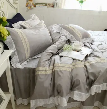 

Pure blue lace ruffled bedding set girl,twin full queen king cotton single double bedclothes bed skirt pillow case duvet cover