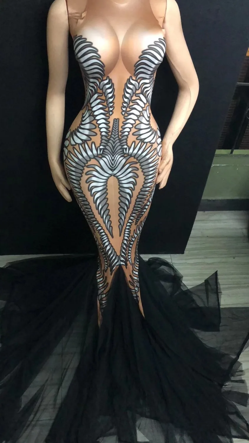

Mesh Trains Long Dress Performance Stretch Dance Dress Birthday Celebrate Outfit Nightclub Party Singer Costume Black Dress