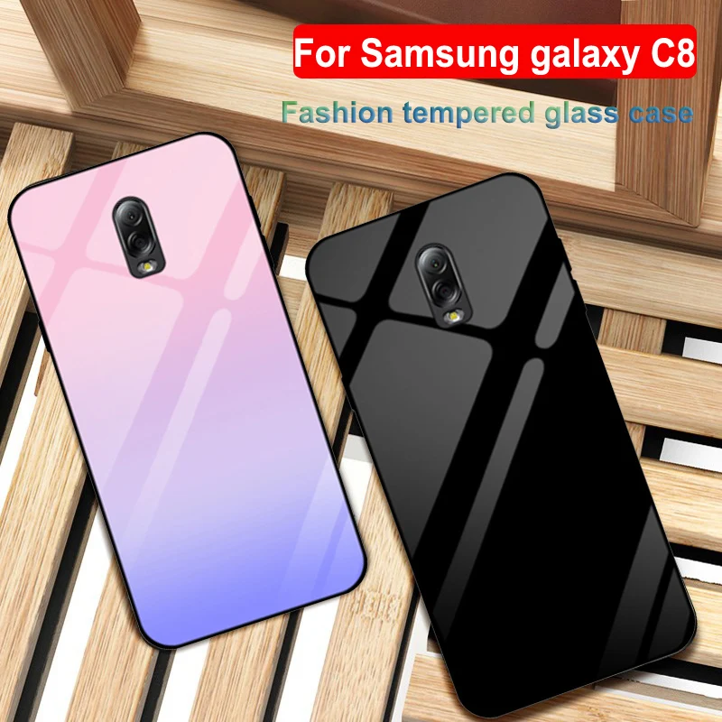 

For Samsung galaxy C8 case Solid color tempered glass phone cover For Samsung C7100 C7108 back cases Gradient glass shell coque