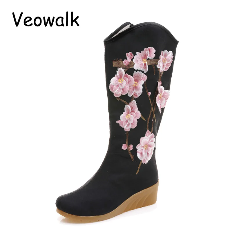 

Veowalk Flowers Embroidered Women's Canvas Mid Boots Zip Hidden Wedges Heel Ladies 30cm Tall Booties Platforms Shoes Botas Mujer