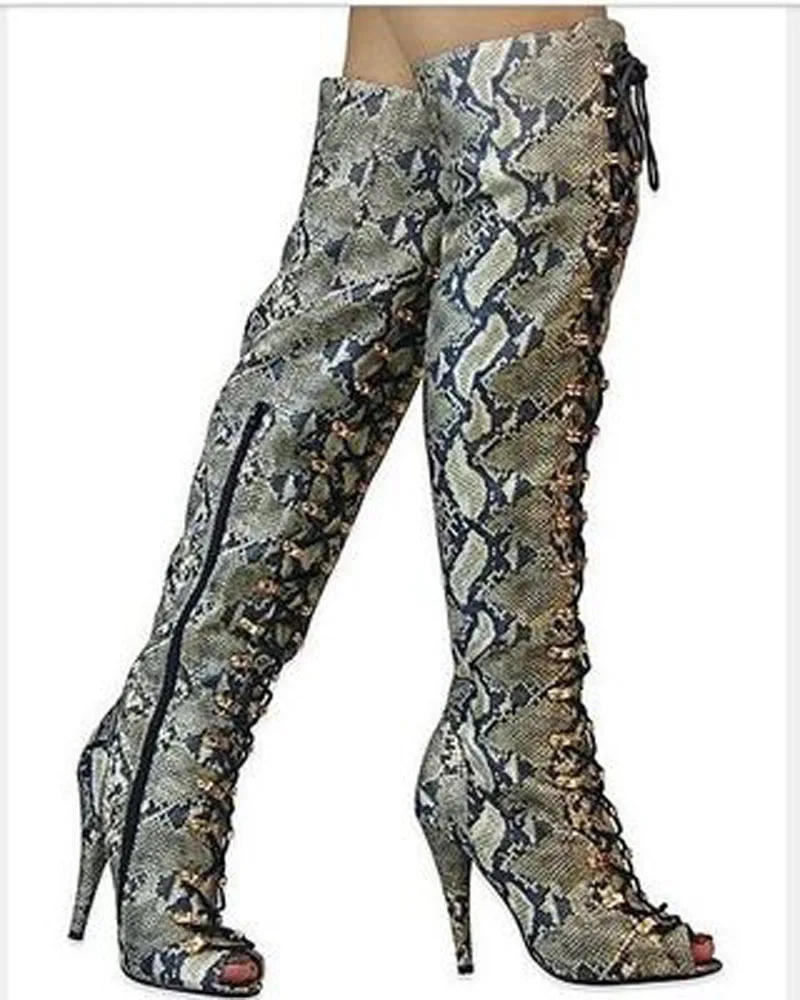 Г. Пикантные женские высокие сапоги до бедра с принтом в народном стиле женские ботфорты на высоком каблуке со шнуровкой, с открытым носком, Разноцветные Высокие Сапоги В рыцарском стиле