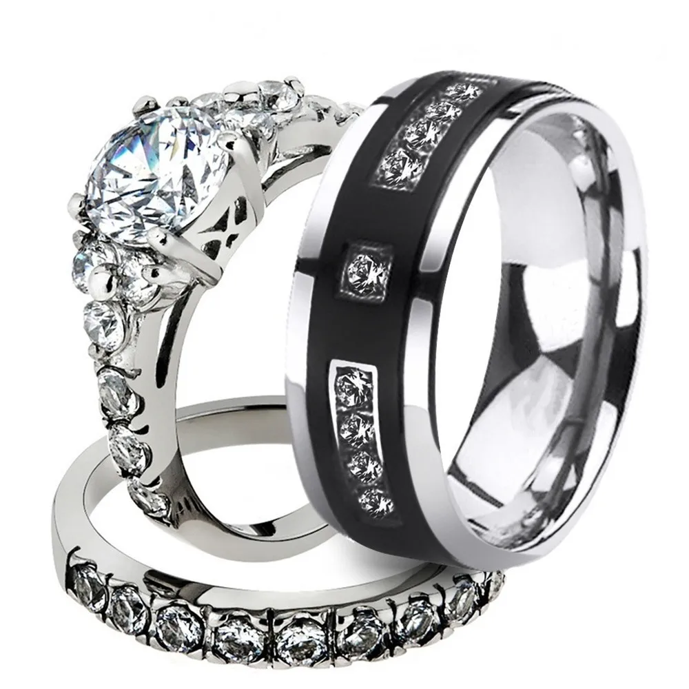 Princess Cut Cubic Zirconia Couple Rings  Stainless Steel 