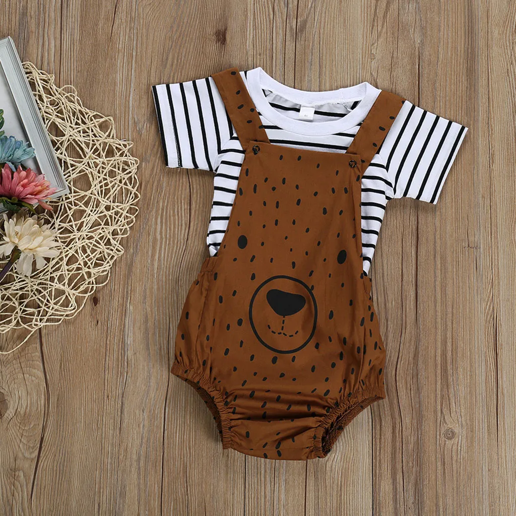 

Infant Baby Boys Girls Striped Print T-Shirt Tops+Cartoon Bear Suspenders Romper Outfits toddler clothes roupas infantil summer