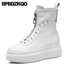 Flatform металл Настоящая кожа на платформе обувь плоские шпилька Размер 4 Harajuku Muffin ботильоны белый женщины каблуке ботинки панк-рок заклепка китайский женский мода женская короткая