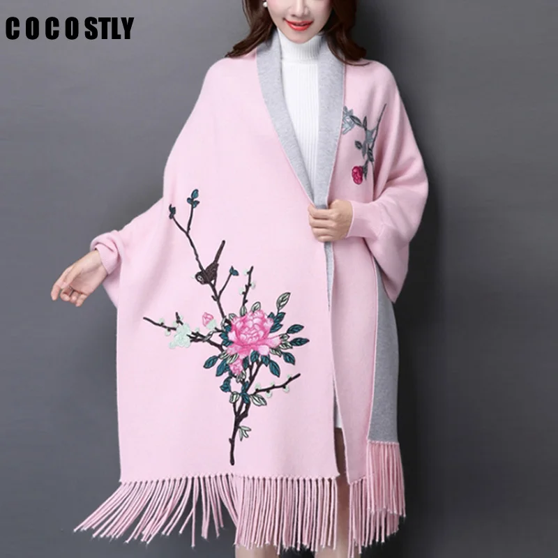 

High Quality 2018 Autumn Women's Elegant Embroidery Cashmere Tassel Cardigan Sweaters Batwing Sleeves Scarf Cape Outwear