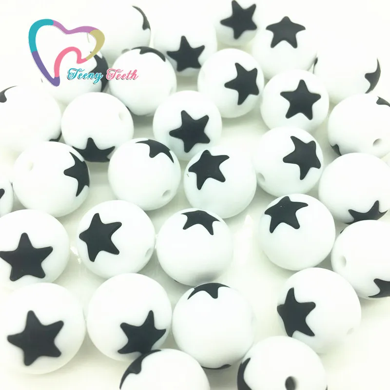 

Teeny Teeth 10 PCS White + Black Round Star Silicone Teething Beads 15MM Baby Teething Necklace Silicone Baby Teething Beads