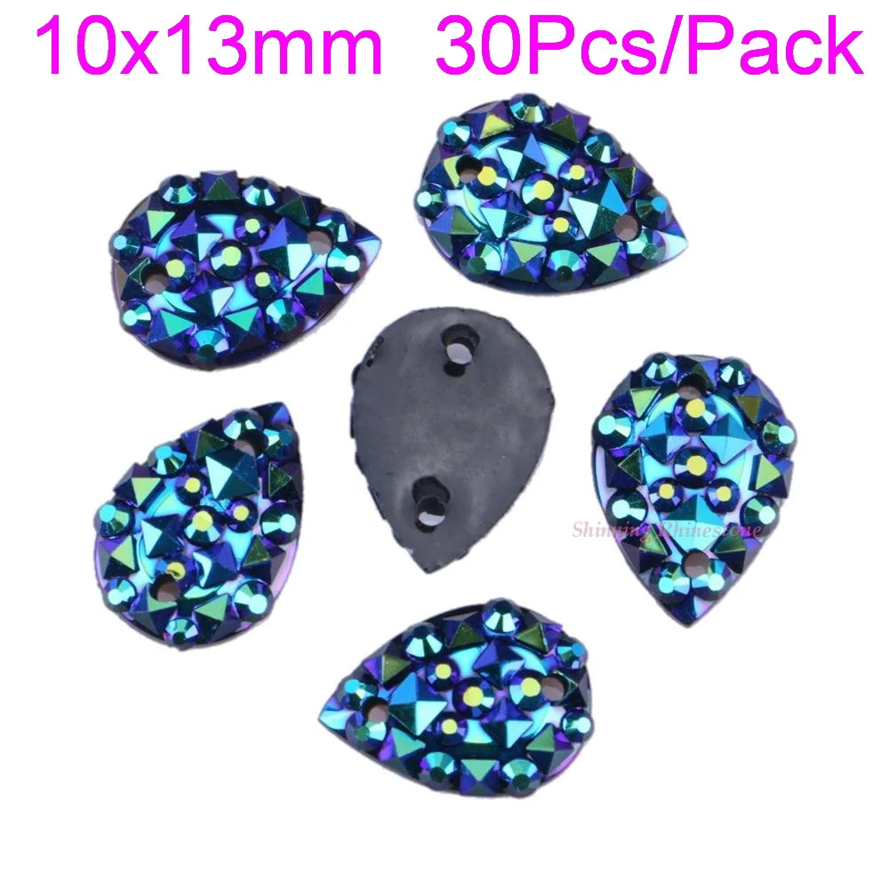 Teardrop Rhinestones 10x13mm Special Face Two Holes Jet AB Clear