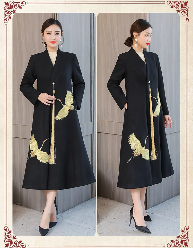 Г. Осенне-зимнее новое шерстяное длинное шерстяное пальто выше колена в китайском стиле с вышивкой в национальном стиле шерстяное пальто