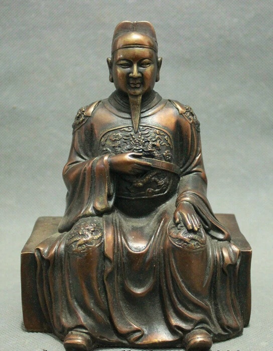 

Folk China Bronze Dragon Head Sitting Wen Chang Emperor Kaiser Statue Sculpture