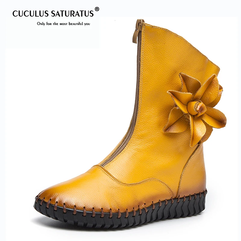 

Cuculus 2019 Autumn Mid Calf Boots Flat Women Genuine Leather Zip Vintage High Booties Riding Ladies Flower Sewing Shoes 1717