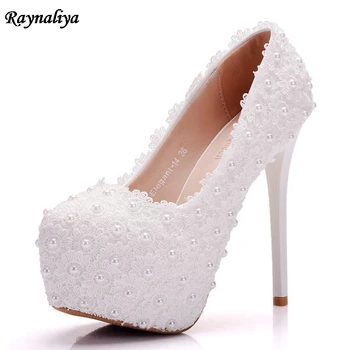 

New Platform Beautiful Pearl Lace White Wedding Shoes Women Pumps Party Dance Sexy High Heeled Shoes 14 CM XY-A0007