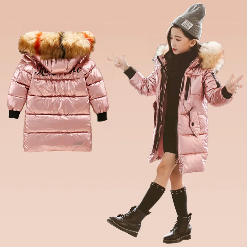 Girls Winter Clothes Kids Coats Warm Fur Collar Hooded long down Coats Girls Hot stamping Space suit Jackets