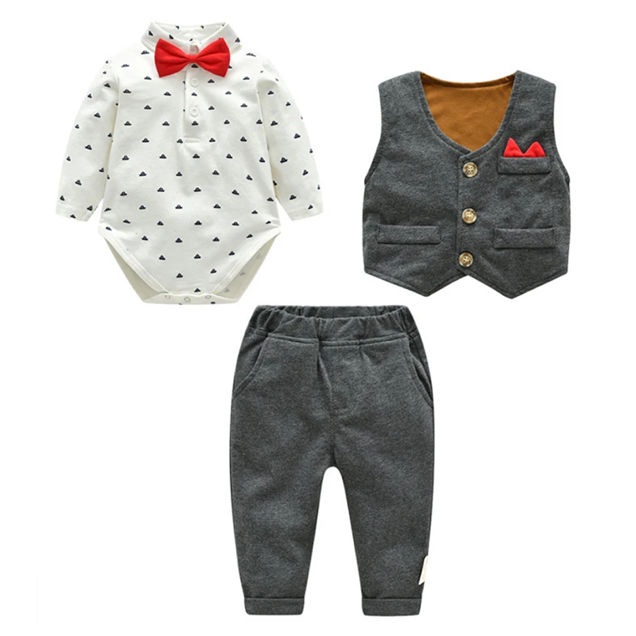 IYEAL/Одежда для маленьких мальчиков, костюмы из 3 предметов, жилет+ галстук, комбинезон+ штаны, модные деловые комплекты одежды для новорожденных, 0-24 месяца