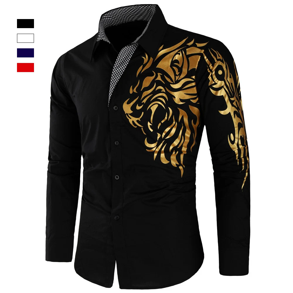 2018 New Spring Mens Animal Print Casual Shirt Long Sleeve Black Cotton ...