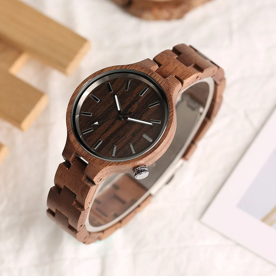 Creative Handmade Full Wooden Watches Women Round Slim Simply Dial Quartz Wood Watch Ladies Natural Fashion Timepieces           (8)