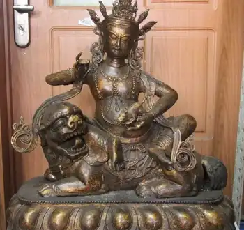 

20" Tibet Buddhism Copper Bronze Sit Foo Dog Lion Yellow Jambhala Buddha Statue