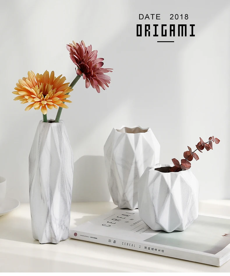 

Nordic geometric multilateral marble pattern vase modern ceramic origami living room flower arrangement decorative ornaments