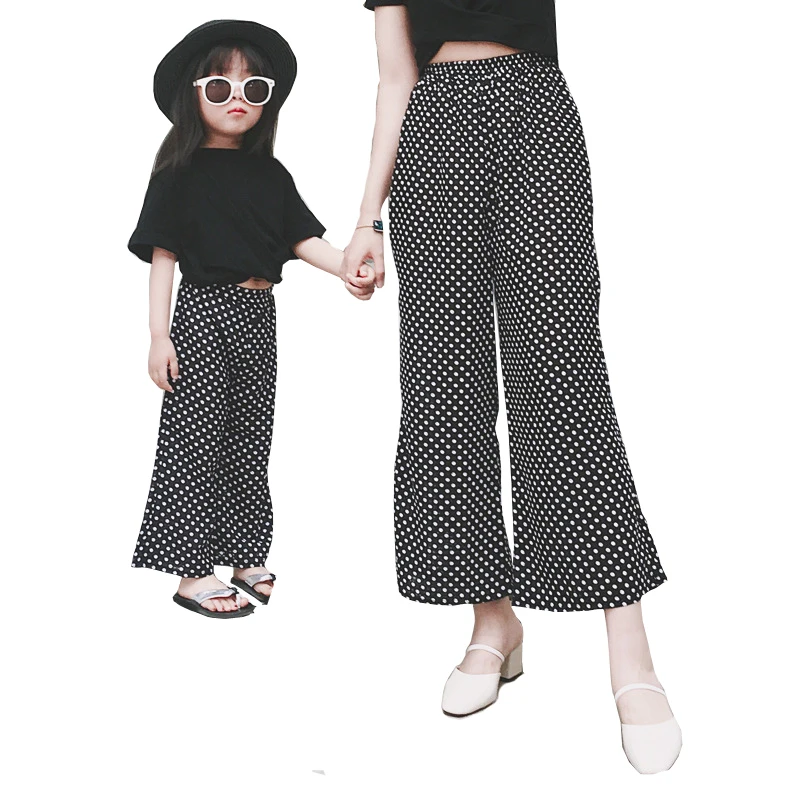 Семейный комплект; Летние широкие брюки; шифоновые противомоскитные штаны с поясом в Оксфордском стиле; черно-белые штаны для мамы и девочки - Цвет: black