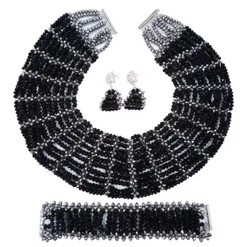 

Fashion Black and Silver Crystal African Wedding Beads Nigerian Necklace Bridal Party Jewelry Set 10C-SXK-022
