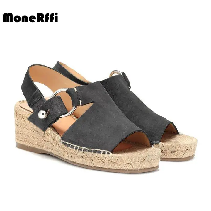 

MoneRffi Summer Suede Women Wedge Espadrilles Slingback Buckle Strap Women Sandals Open Toe Female Solid High Heels Shoes Mujer