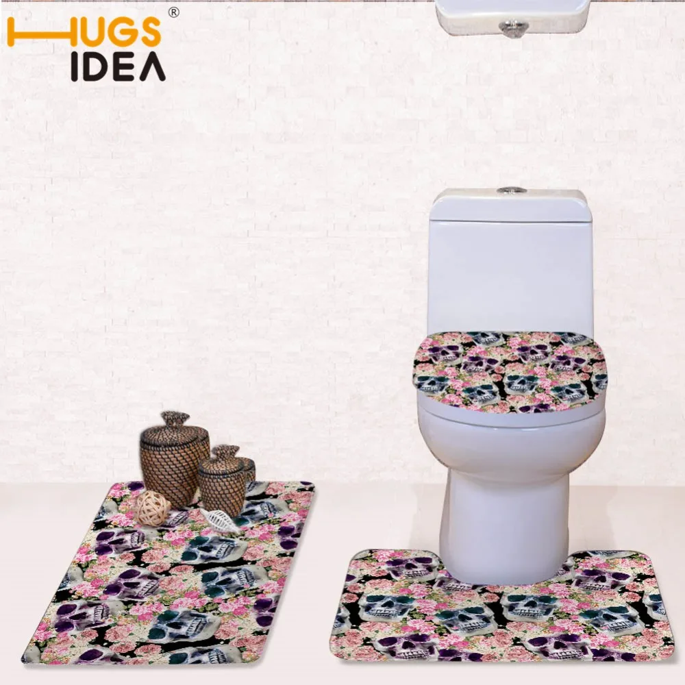 HUGSIDEA 3pcs/set Skull Bathroom Toilet Seat Cover Rug Mat Christmas WC