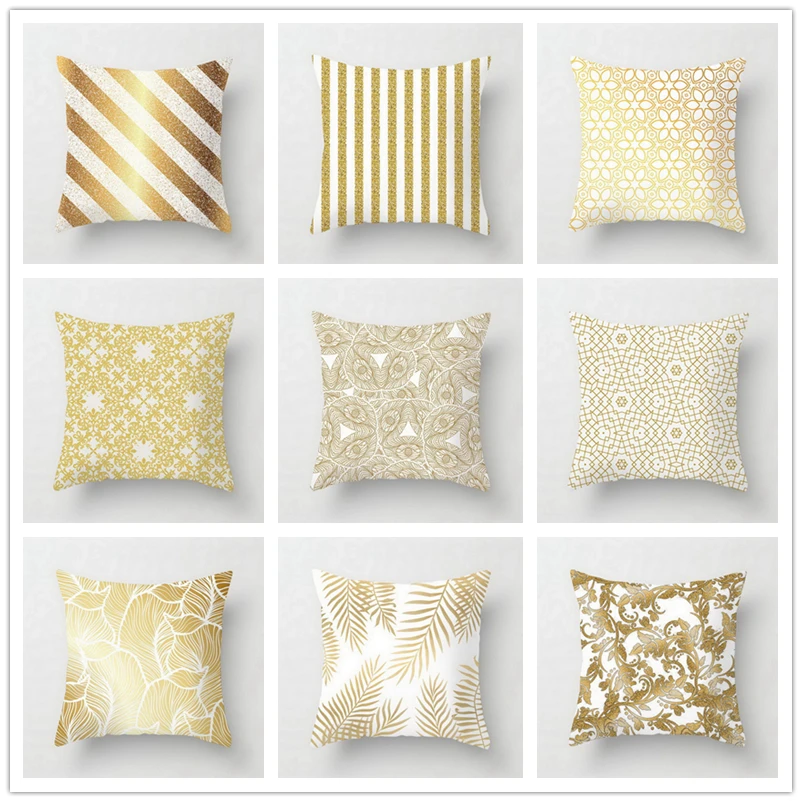 

Gold Striped Plants Printed Pillow Covers Home Decorative Polyester Cushion Covers for Sofa Car Pillowcase 45x45cm