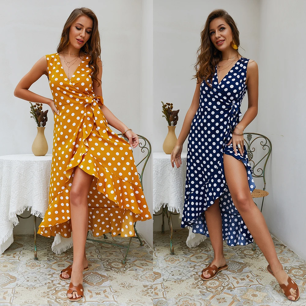 MAIAKO 2019 Summer Wommer Dress Polka Dot Ptint Polyester V Neck Sexy Women Split Dress Sleeveless For Women Clothing Bohemian MAIAKO 2019 Summer Wommer Dress Polka Dot Ptint Polyester V Neck Sexy Women Split Dress Sleeveless For Women Clothing Bohemian