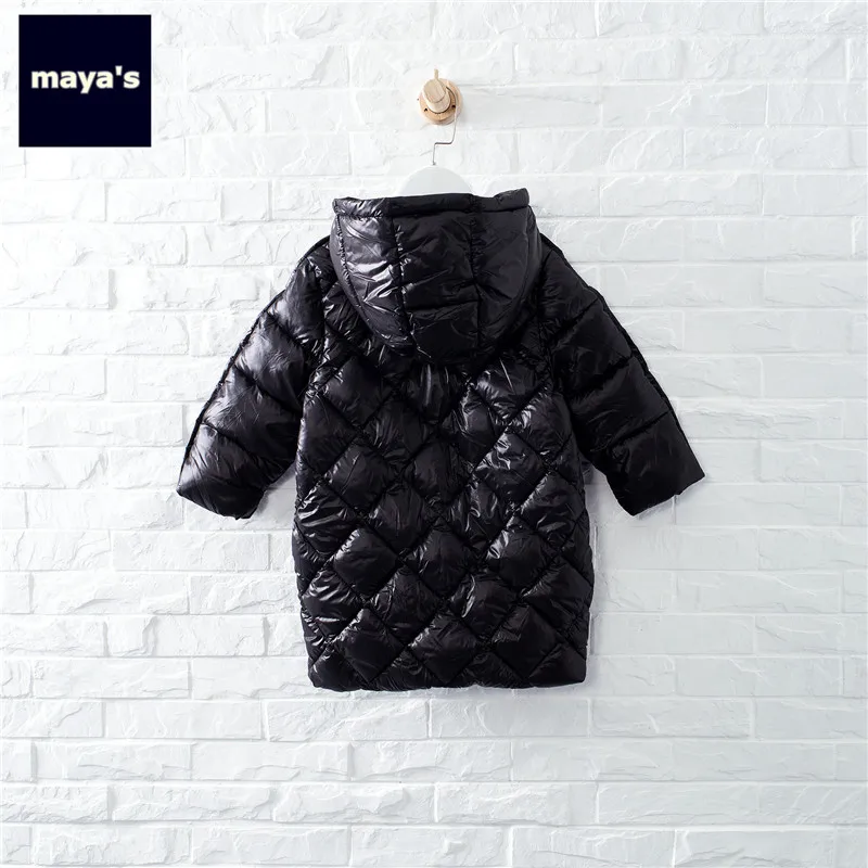 Mayas/белые зимние теплые длинные детские парки новые модные куртки с длинными