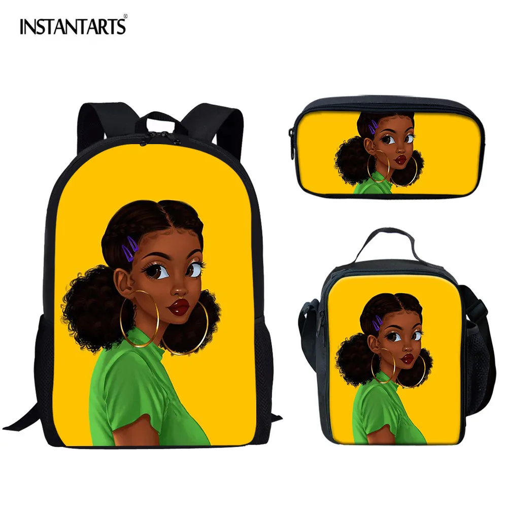 

INSTANTARTS Black Queen American African Girl Prints School Bags Set College Students Book Bag Back to School Satchel Rucksack