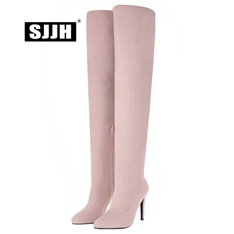 SJJH Women Stiletto Flock Long Boots with Point Toe Zip Short Plush Over-the-Knee Boots Fashion Elegant Shoes Large Size A944