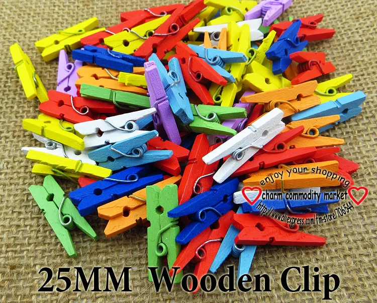 

100pcs Excellent Quality 25mm Mini Color Wooden Clips Decorations Paper Photo Spring Clips For Message Cards Office Supply