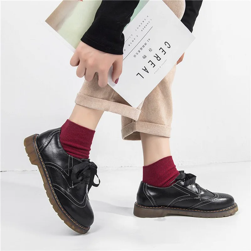 

Women Shoes Round Toe Lace Up Brogue Oxfords Platform Flats Spring 2019 Solid Slip On Female Casual Flat Shoe XWD7158