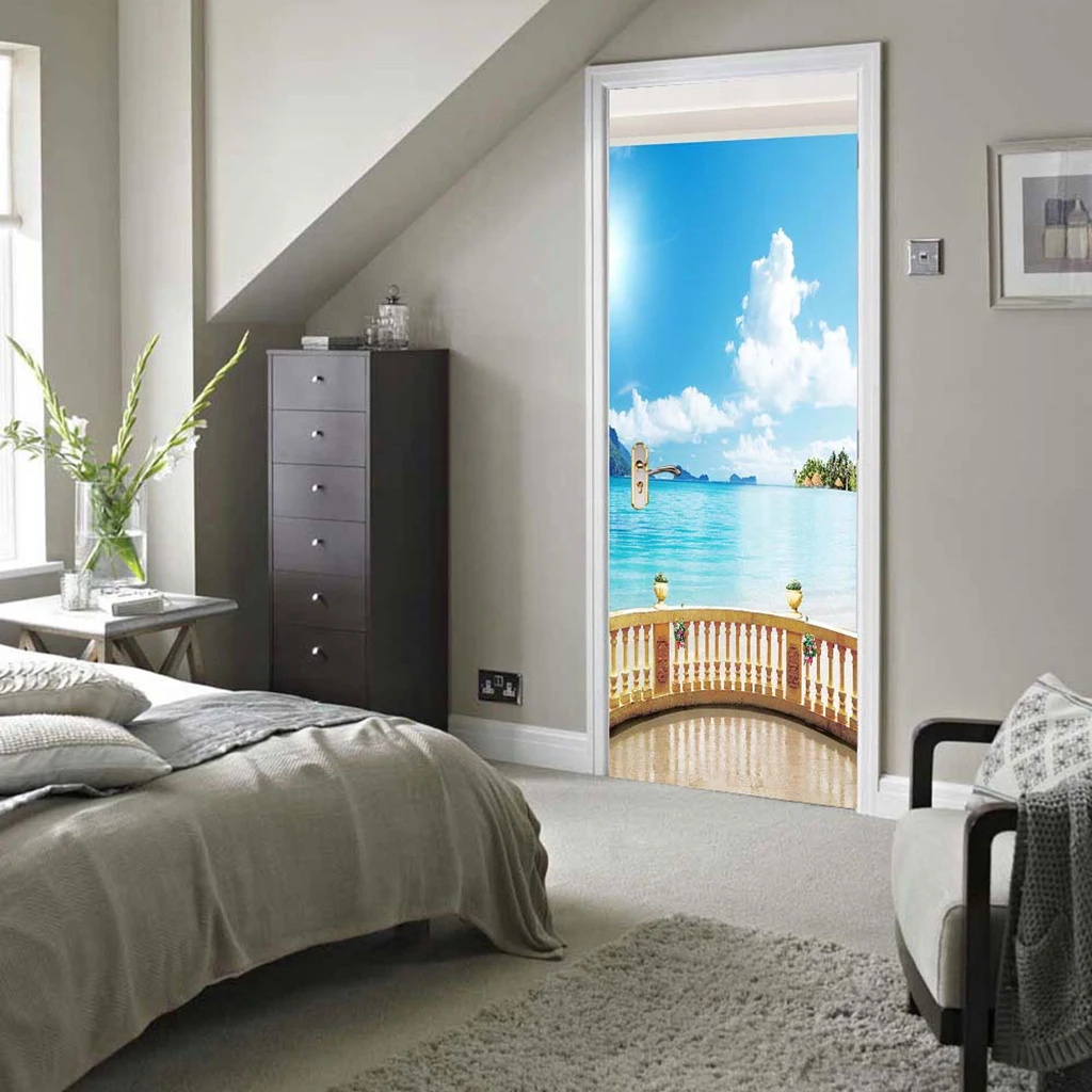 3D Door Wall Mural Sticker Window Cling Landscape Scene Decal Waterproof Vinyl Stickers for Window Cabinet Bathroom