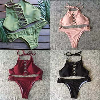 

Cute Bathing Suit Swimwear Women Bandage Bikini 2017 Solid Swimsuit Sexy Halter Bikinis Set Brazilian Bikini