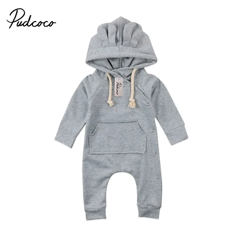 

Pudcoco Baby Boys Girls Hooded Grey Romper Baby Boy Girl Infant Romper Jumpsuit Hooded Clothes Sweater Outfit 0-24M