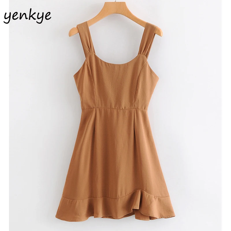 

2019 Women Vintage Solid Color Casual Sling Dress Lady Sexy Backless O Neck Sleeveless Hem Ruffle A-line Mini Dress SYJZ1905