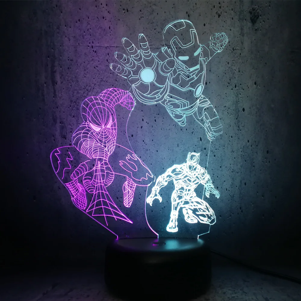 Железный человек Человек паук Черная пантера Marvel Hero RGB Ночной светильник 3D LED микс