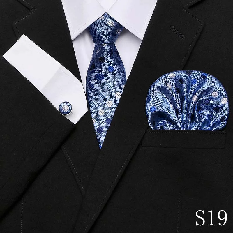Новое прибытие твердый& Dot галстук набор роскошный синий шеи галстук, носовой платок, запонки набор Hi-Tie шелковые деловые свадебные галстуки для мужчин - Цвет: S19