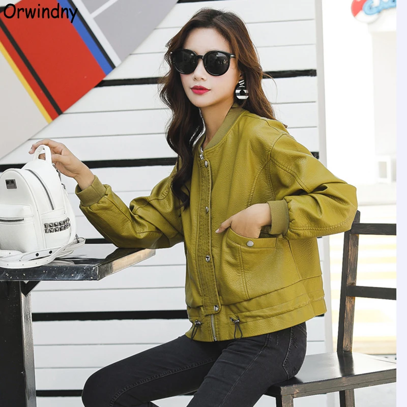 

Orwindny 2019 Spring And Autumn New Leather Jacket Women Short Slim Flight Jacket Baseball Suit Light Green Jacket Casual Coats