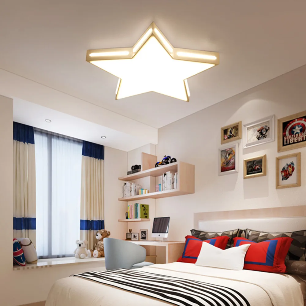 

Wooden LED Ceiling Light Star Lamp Panel Surface Mount Flush Foyer Kitchen Lighting Fixture Children Room Bedroom Remote Control