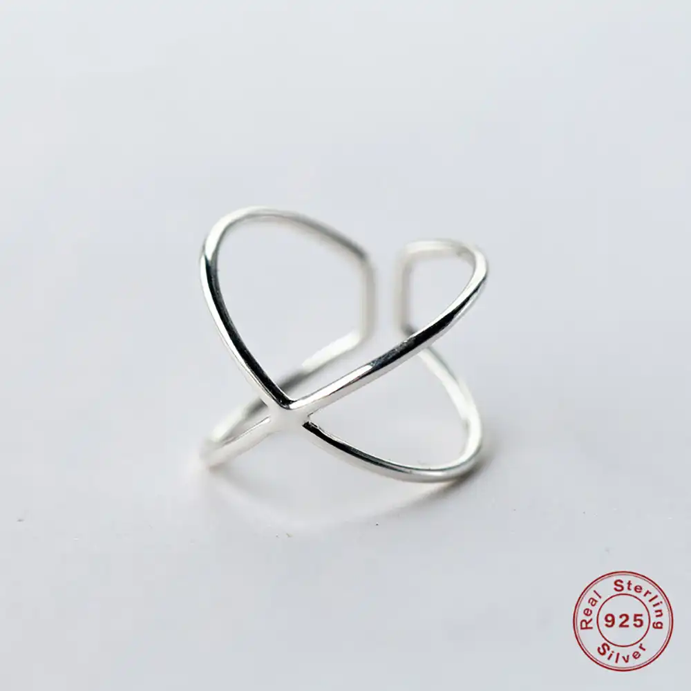 100% регулируемые настоящим S925 серебро двойной линии открытия кольца для Для женщин девочек элегантный крест кольцо Анель bague ювелирные изде...