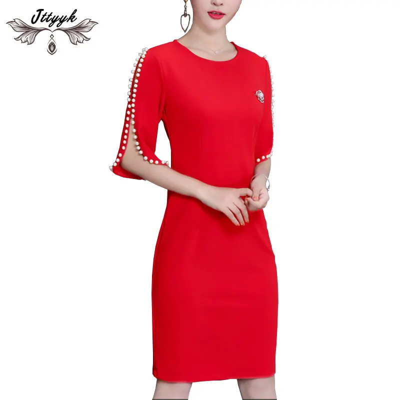 

Summer Plus Size Mini Dress Women Trumpet Sleeved Beading Party Dress Women Fashion Round Neck Split Female Casual Dresses CX61